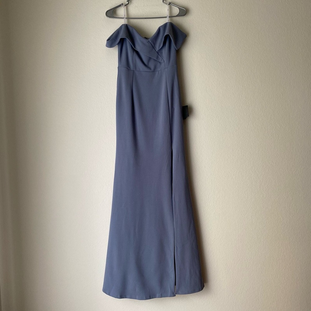 Lulus Off The Shoulder‎ Maxi Dress Slate Blue Flowy Slit sz S Formal NWT